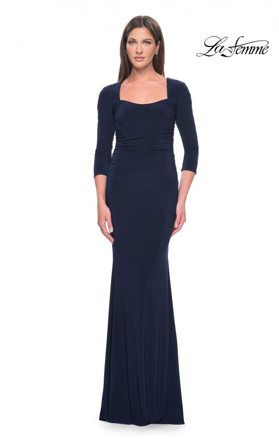 Picture of: Long Jersey Evening Dress with Square Neckline and Sleeves in Navy, Style: 30883, Detail Picture 1