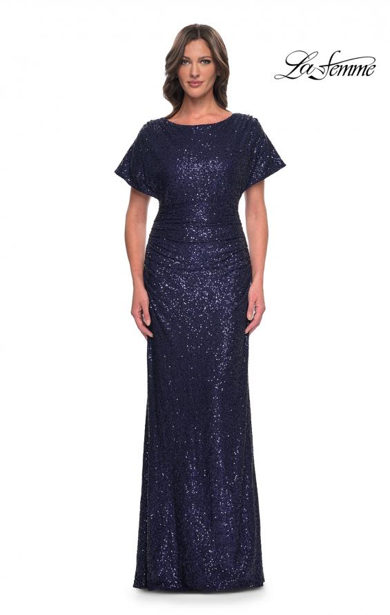 Picture of: Sequin Stretch Evening Dress with High Neckline and Dolman Sleeves in Navy, Style: 30885, Detail Picture 1