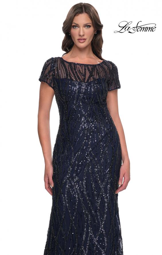 Picture of: Beaded Print Fitted Evening Dress with Illusion Neckline in Navy, Style: 31005, Detail Picture 1