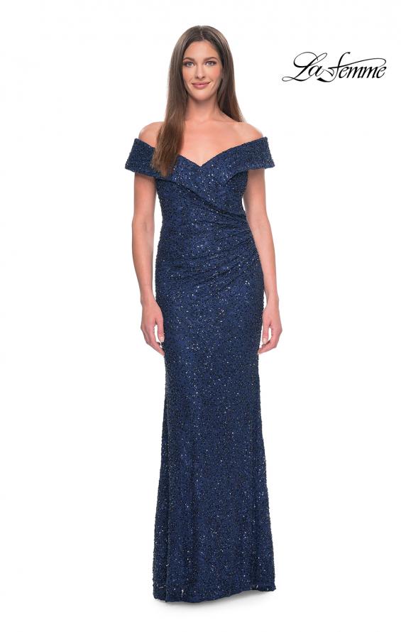 Picture of: Off the Shoulder Beaded Lace Evening Gown in Navy, Style: 31679, Detail Picture 1