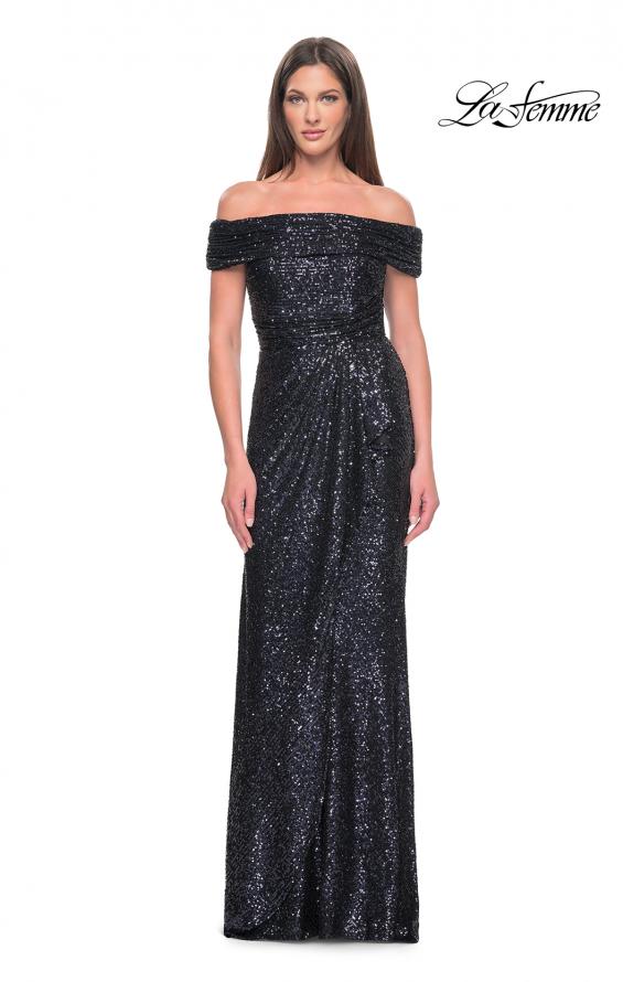 Picture of: Off the Shoulder Sequin Gown with Ruching in Navy, Style: 31772, Detail Picture 1