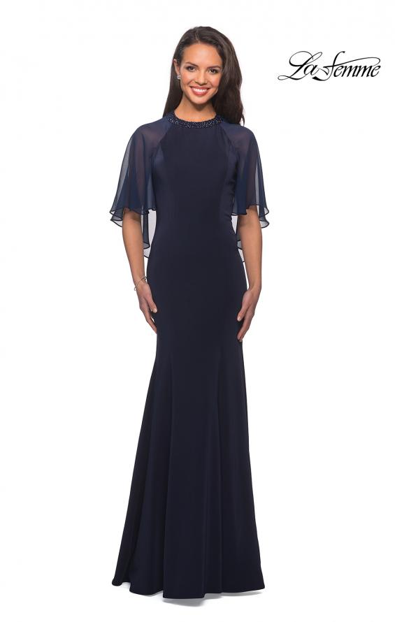 Picture of: Long Gown with sheer sleeves and beaded neckline in Navy, Style: 25006, Detail Picture 2