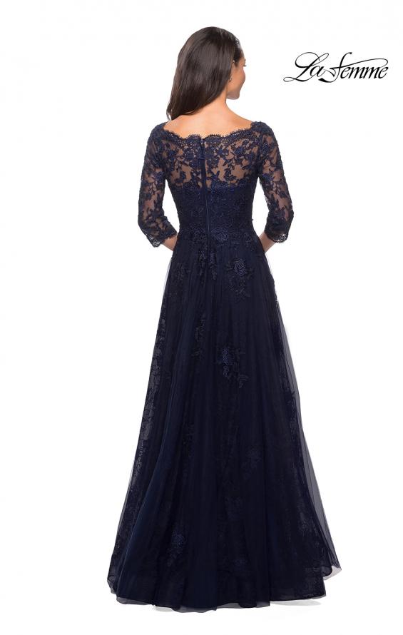 Picture of: Long Lace Gown with Sheer Sleeves and Pockets in Navy, Style: 26959, Detail Picture 2