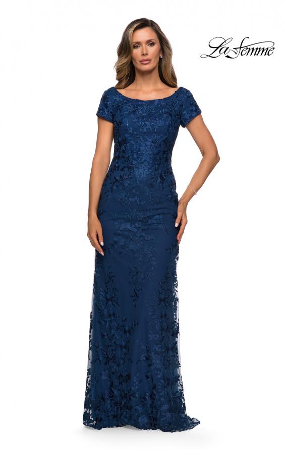 Picture of: Long Three Quarter Sleeve Floral Lace Evening Gown in Navy,Style: 27842, Detail Picture 2