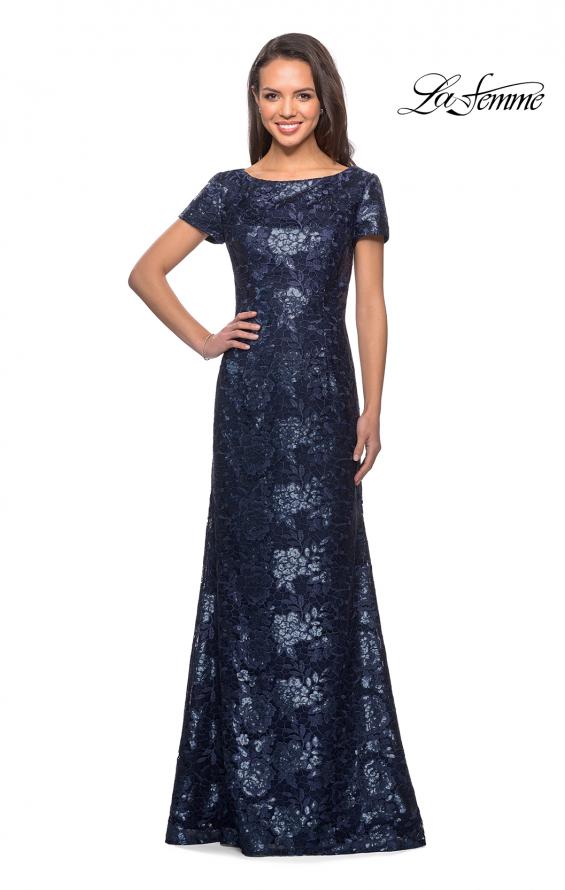 Picture of: Floor Length Short Sleeve Lace Dress in Navy, Style: 27884, Detail Picture 2