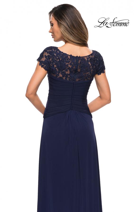 Picture of: Jersey Dress with Ruching and Floral Neckline in Navy, Style: 28029, Detail Picture 2