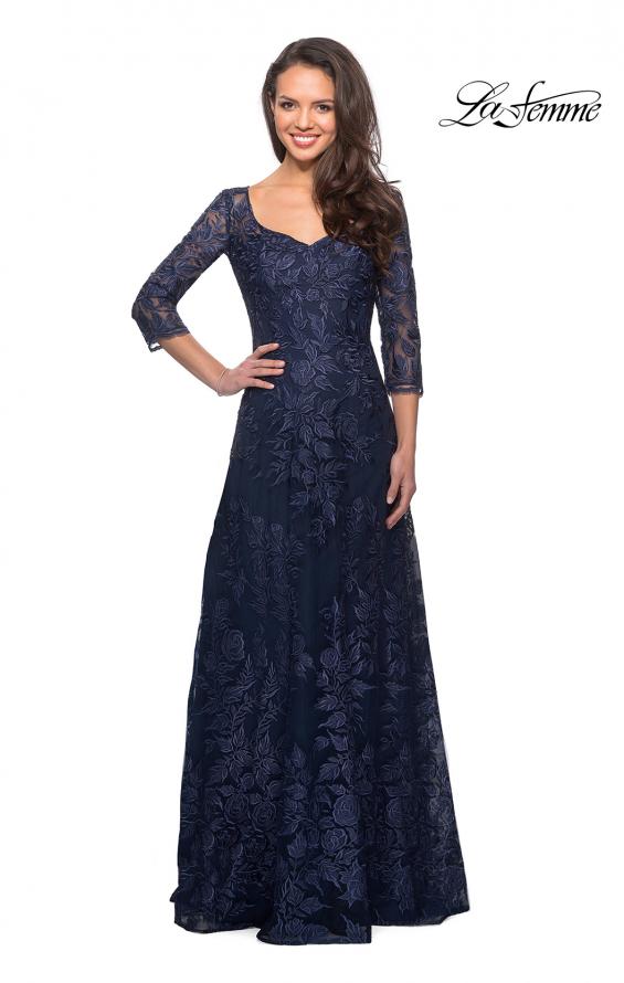 Picture of: Long Lace A-line Three Quarter Sleeve Gown in Navy, Style: 28053, Detail Picture 2