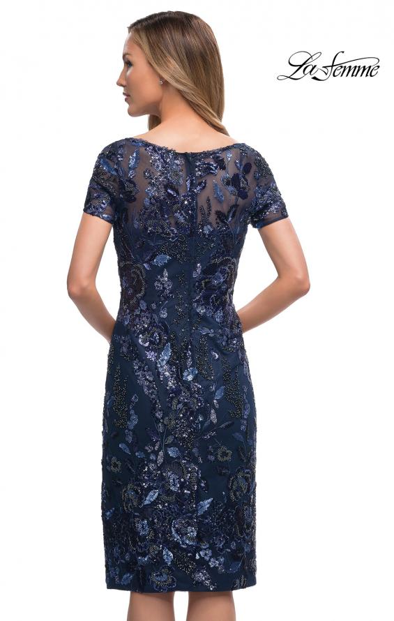 Picture of: Short Beaded Lace Dress with Illusion Top and Sleeves in Navy, Detail Picture 2