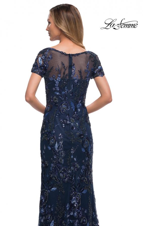 Picture of: Long Beaded Lace Dress with Sheer Neckline in Navy, Detail Picture 2