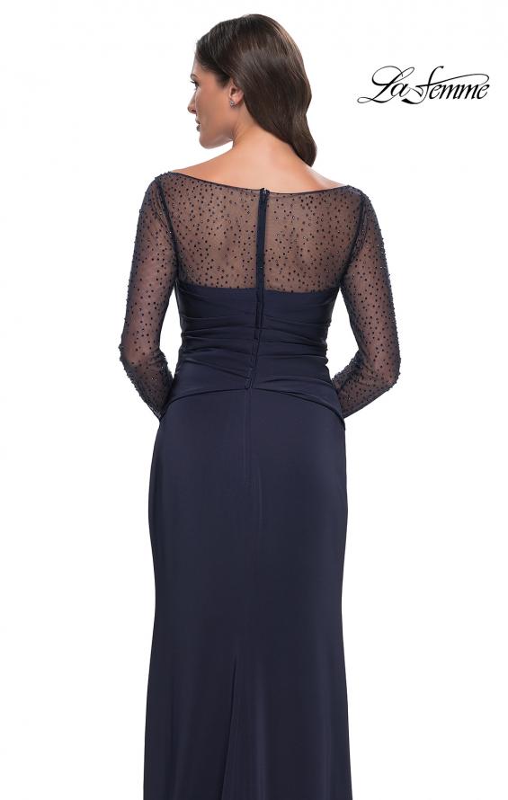 Picture of: Sleek Long Evening Dress with Ruching and Illusion Top in Navy, Style: 30808, Detail Picture 2