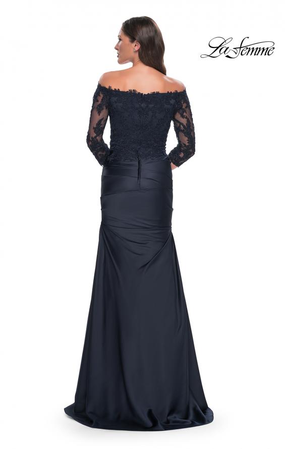 Picture of: Mermaid Satin Dress with Gathering and Off the Shoulder Top in Navy, Style: 30853, Detail Picture 2