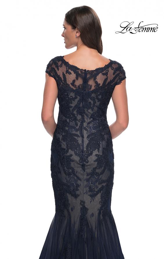 Picture of: Mermaid Lace Dress with Cap Sleeves and Illusion Neckline in Navy, Style: 30876, Detail Picture 2