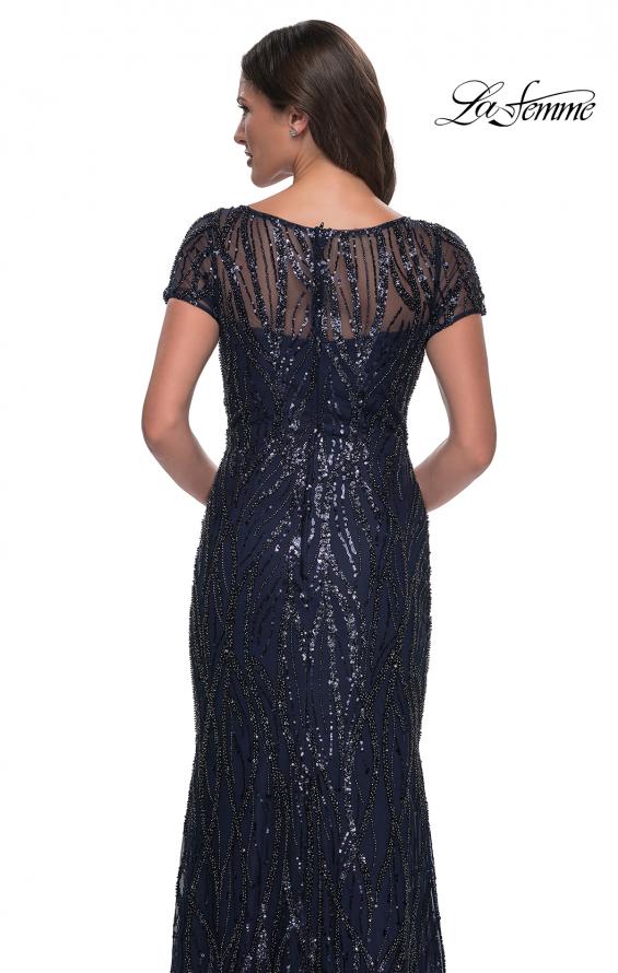 Picture of: Beaded Print Fitted Evening Dress with Illusion Neckline in Navy, Style: 31005, Detail Picture 2