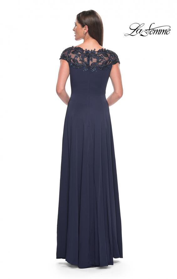 Picture of: A-Line Satin Dress with Stunning Beaded Neckline and Short Sleeves in Navy, Style: 31195, Detail Picture 2