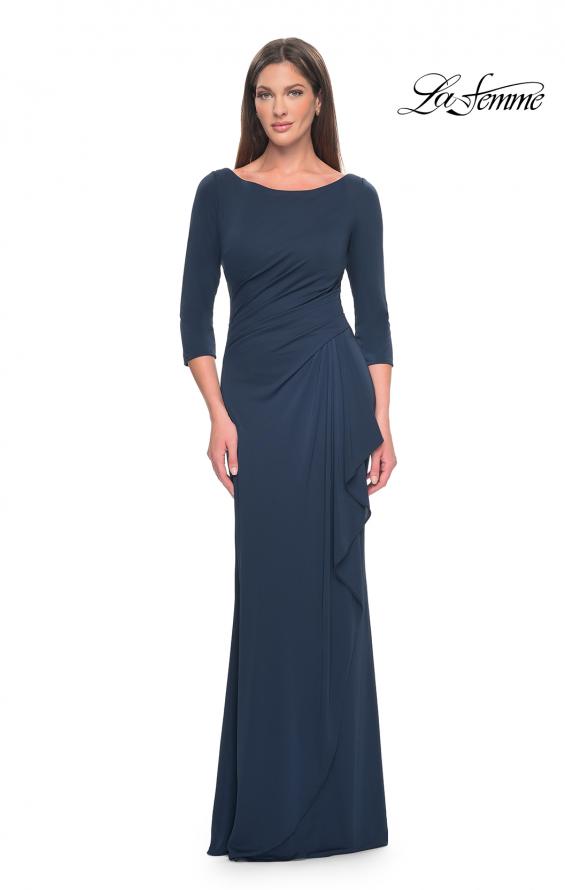 Picture of: Chic Long Evening Gown with High Neck and Ruffle Detail in Navy, Style: 31705, Detail Picture 2