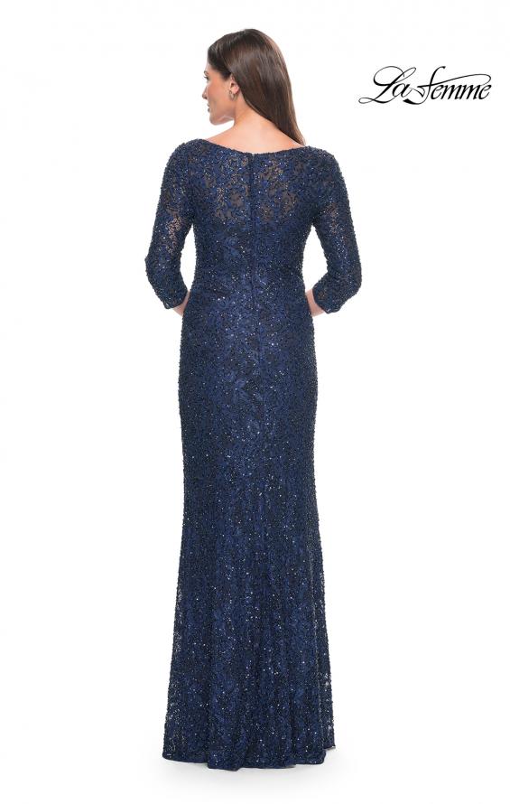 Picture of: Fitted Beaded Lace Evening Gown with Ruching in Navy, Style: 31721, Detail Picture 2