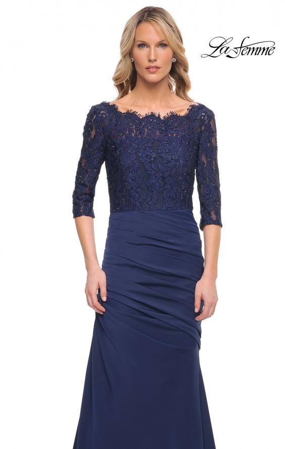 Picture of: Gathered Mermaid Satin Gown with Lace Top in Navy, Style: 24926, Detail Picture 3