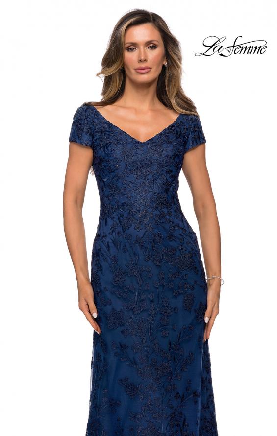 Picture of: Lace Evening Gown with Cap Sleeves and V-Neck in Navy, Style: 27915, Detail Picture 3