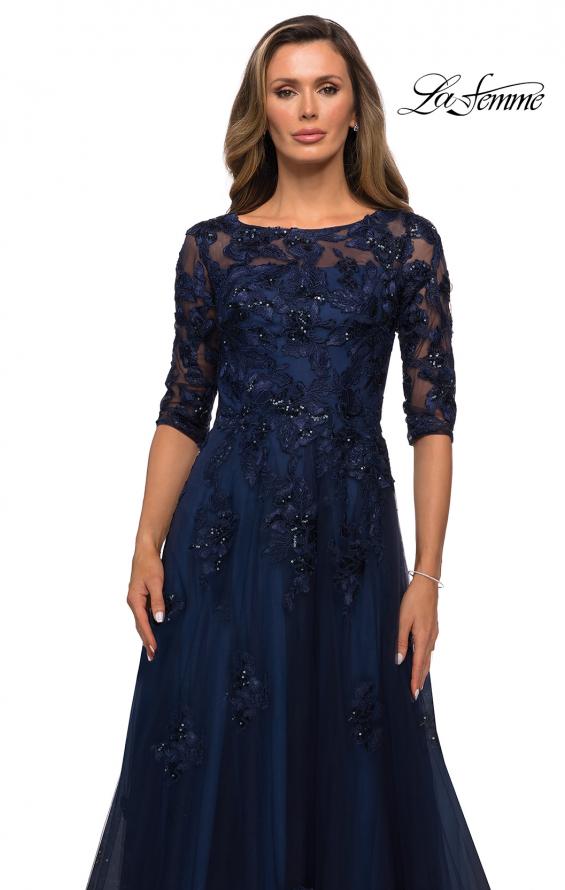 Picture of: Three Quarter Sleeve A-line Gown with Floral Embellishments in Navy, Style: 27922, Detail Picture 3