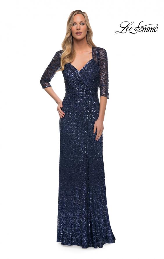 Picture of: Sequin Evening Gown with Knot Detail on Front in Navy, Detail Picture 3