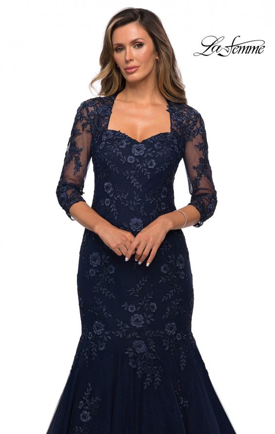 Picture of: Long Lace Mermaid Gown with Square Neckline in Navy, Style: 28033, Detail Picture 3
