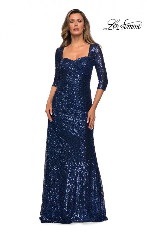 Picture of: Floor Length Sequin Gown wtih Ruching and Sleeves in Navy, Style: 28065, Detail Picture 3