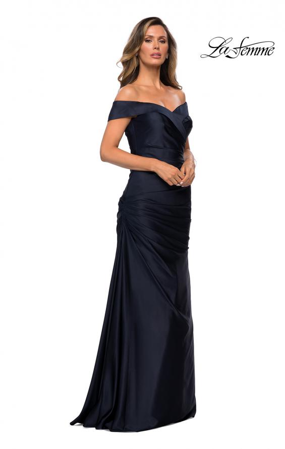 Picture of: Off the Shoulder Satin Evening Dress with Pleating in Navy, Style: 28103, Detail Picture 3