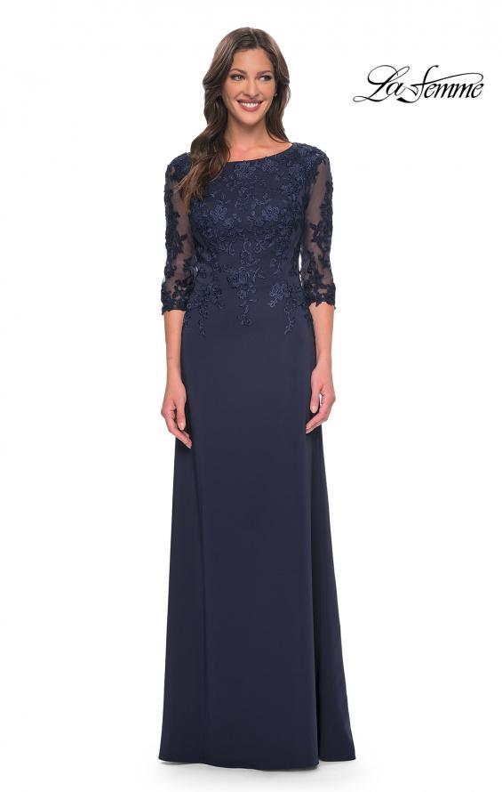 Picture of: Jersey Gown with Boat Neckline and Lace Detailing in Navy, Style: 29251, Detail Picture 3