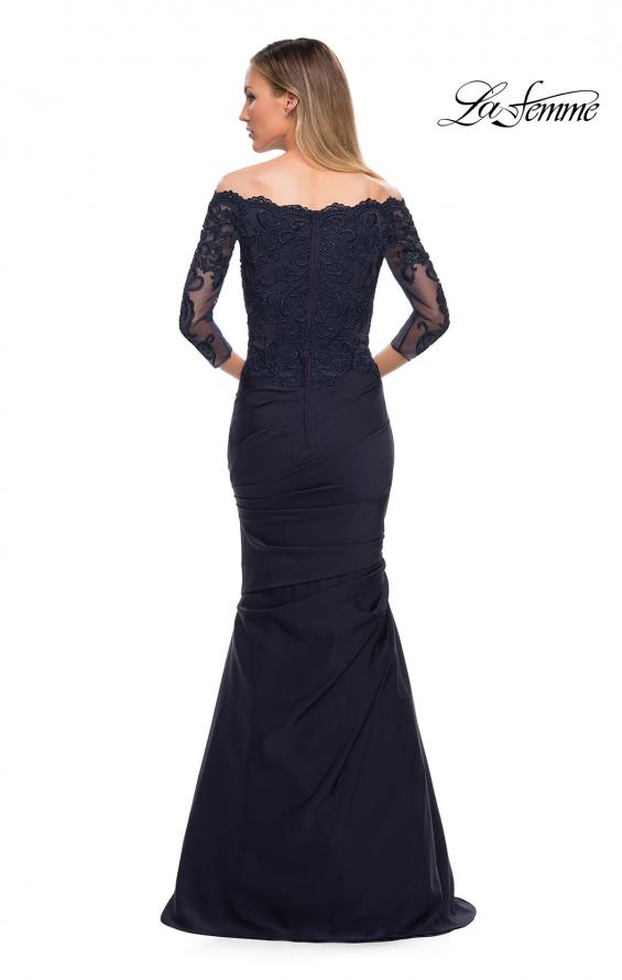 Picture of: Satin Mermaid Gown with Off the Shoulder Lace Bodice in Navy, Detail Picture 3