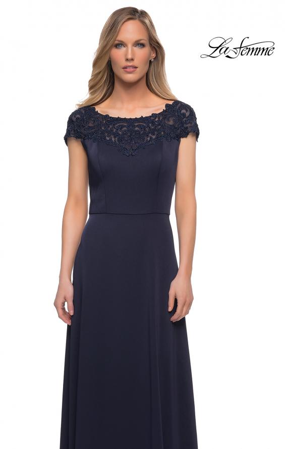 Picture of: Jersey Gown with Full Skirt and Lace Detail Top in Navy, Detail Picture 3