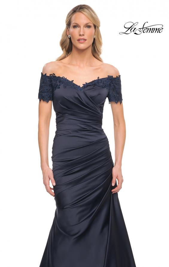 Picture of: Off the Shoulder Satin and Lace Mermaid Pleated Gown in Blue, Style: 30199, Detail Picture 3
