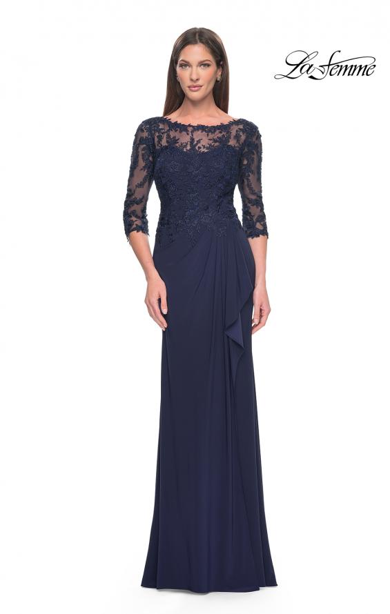 Picture of: Long Evening Gown with Lace Illusion Sleeves and Neckline in Navy, Style: 30385, Detail Picture 3