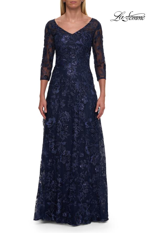 Picture of: Beautiful Lace Mother of the Bride Gown with V Neckline in Navy, Style: 30803, Detail Picture 3