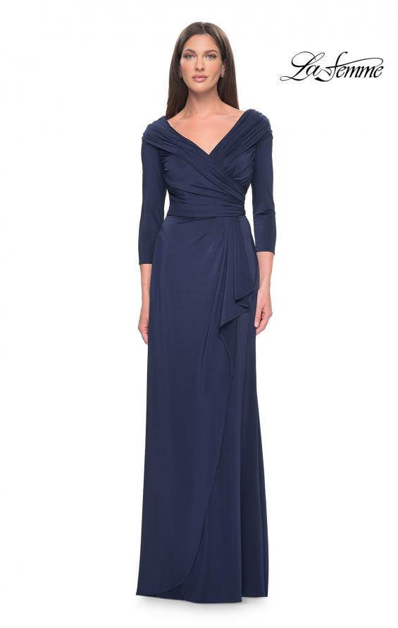 Picture of: Ruched Long Dress with Ruffle Skirt Detail and Sleeves in Navy, Style: 30845, Detail Picture 3