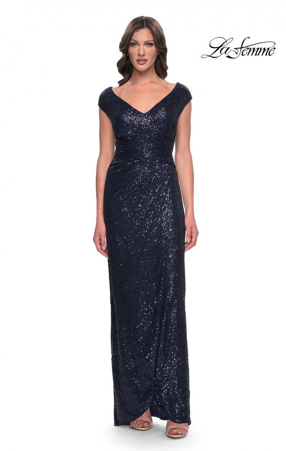 Picture of: Sequin Evening Dress with Ruching and V Neckline in Navy, Style: 30865, Detail Picture 3