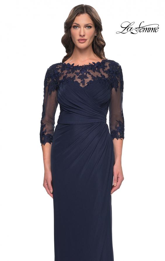 Picture of: Long Jersey Evening Dress with Lace Detail Neckline and Sleeves in Navy, Style: 31093, Detail Picture 3