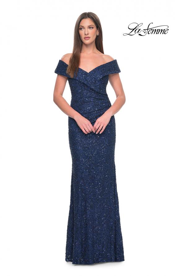 Picture of: Off the Shoulder Beaded Lace Evening Gown in Navy, Style: 31679, Detail Picture 3