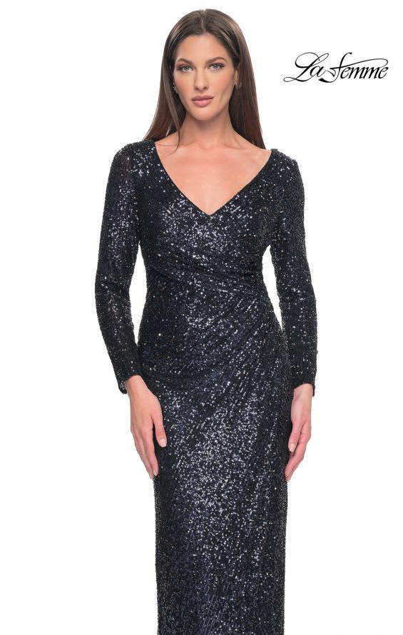 Picture of: Long Sleeve Sequin Evening Dress with Ruching in Navy, Style: 31698, Detail Picture 3