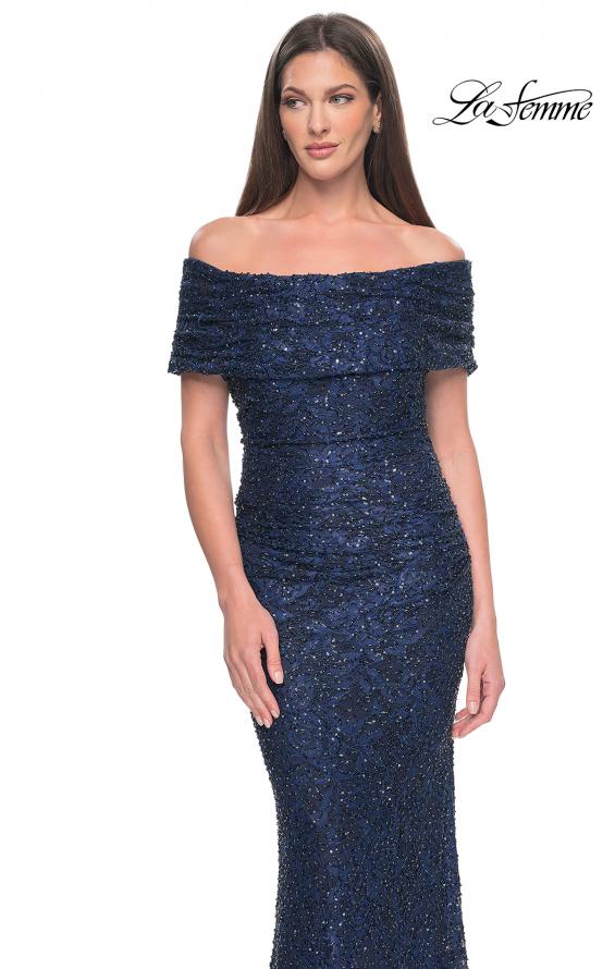 Picture of: Off the Shoulder Ruched Beaded Lace Evening Gown in Navy, Style: 31778, Detail Picture 3