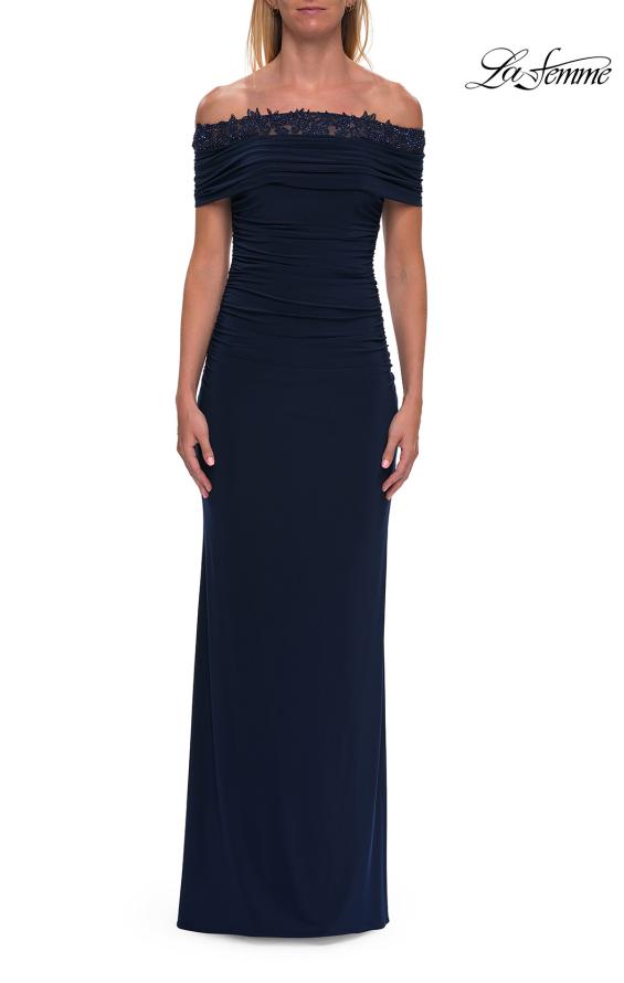 Picture of: Off the Shoulder Lace Trim Evening Gown in Navy, Style: 33329, Detail Picture 3