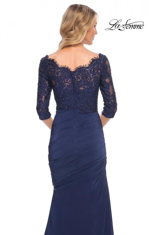 Picture of: Gathered Mermaid Satin Gown with Lace Top in Navy, Style: 24926, Detail Picture 4