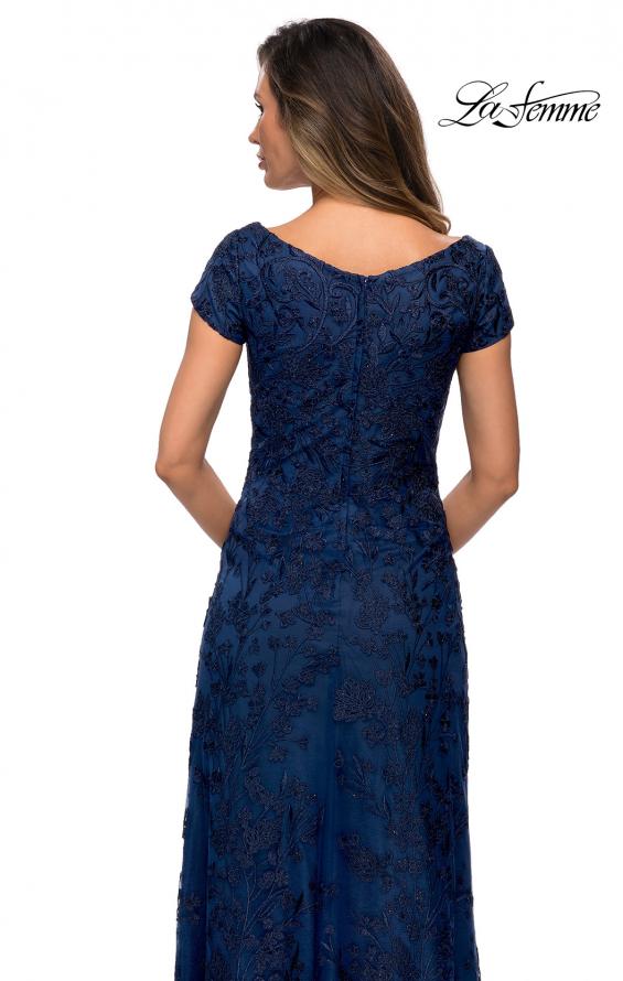 Picture of: Lace Evening Gown with Cap Sleeves and V-Neck in Navy, Style: 27915, Detail Picture 4