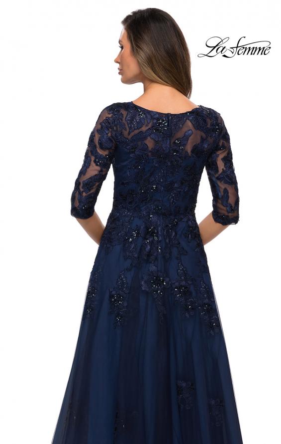 Picture of: Three Quarter Sleeve A-line Gown with Floral Embellishments in Navy, Style: 27922, Detail Picture 4