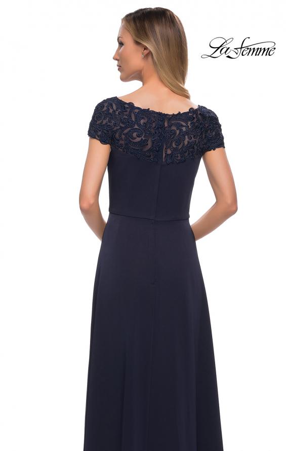 Picture of: Jersey Gown with Full Skirt and Lace Detail Top in Navy, Detail Picture 4