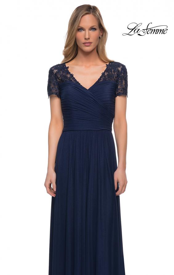Picture of: Jersey Long Evening Dress with Short Lace Sleeves in Navy, Detail Picture 4