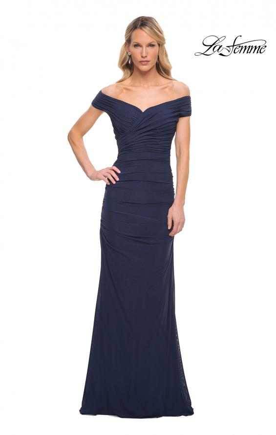 Picture of: Long Ruched Gown with Off the Shoulder Top in Blue, Style: 30363, Detail Picture 4