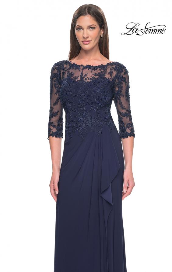Picture of: Long Evening Gown with Lace Illusion Sleeves and Neckline in Navy, Style: 30385, Detail Picture 4