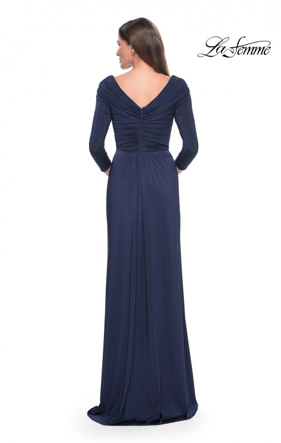 Picture of: Ruched Long Dress with Ruffle Skirt Detail and Sleeves in Navy, Style: 30845, Detail Picture 4