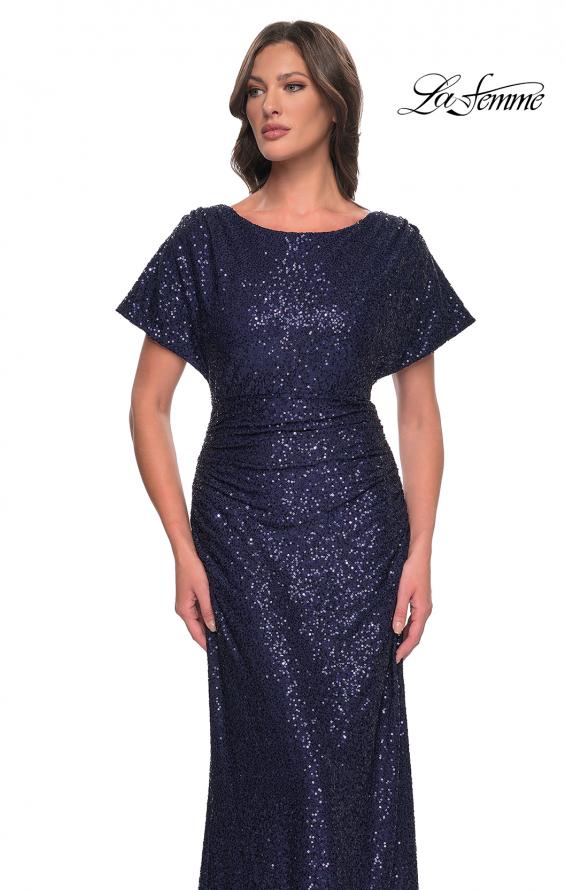 Picture of: Sequin Stretch Evening Dress with High Neckline and Dolman Sleeves in Navy, Style: 30885, Detail Picture 4