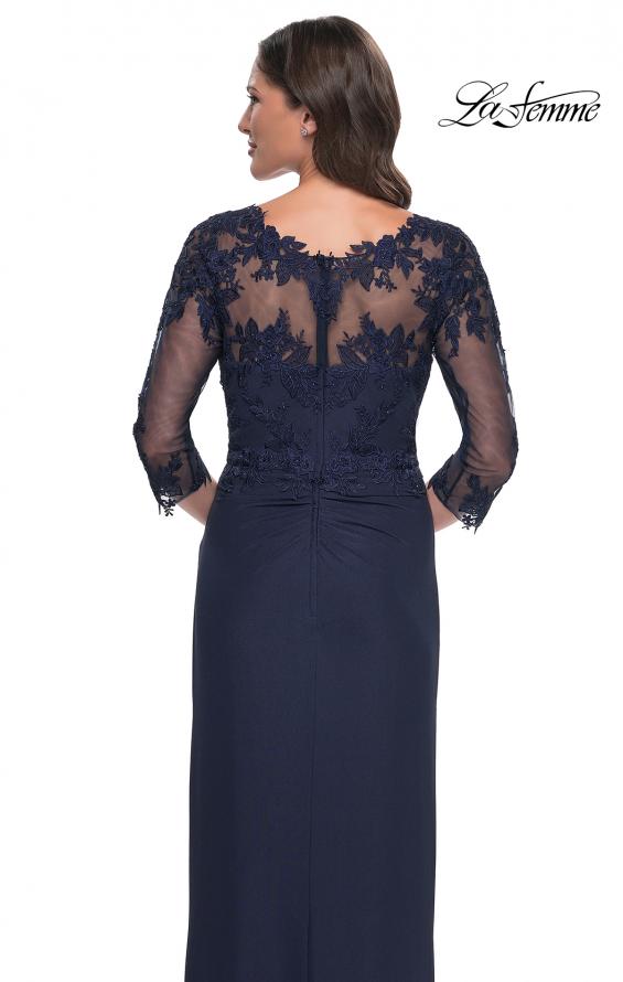 Picture of: Long Jersey Evening Dress with Lace Detail Neckline and Sleeves in Navy, Style: 31093, Detail Picture 4